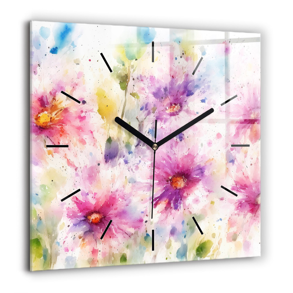 Horloge carrée en verre 60x60 cm Fleurs peintes