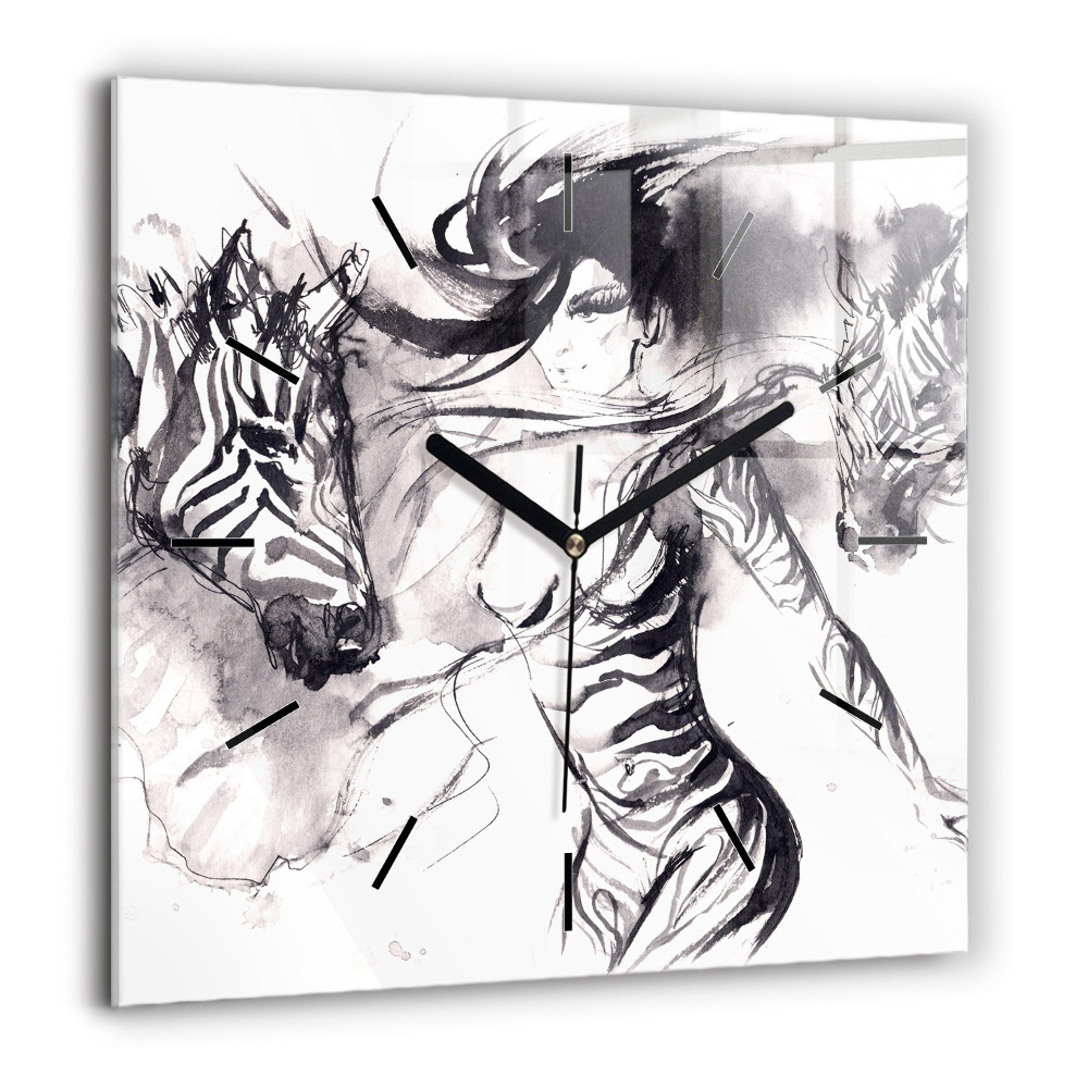 Horloge carrée en verre 60x60 cm Femme et zèbres