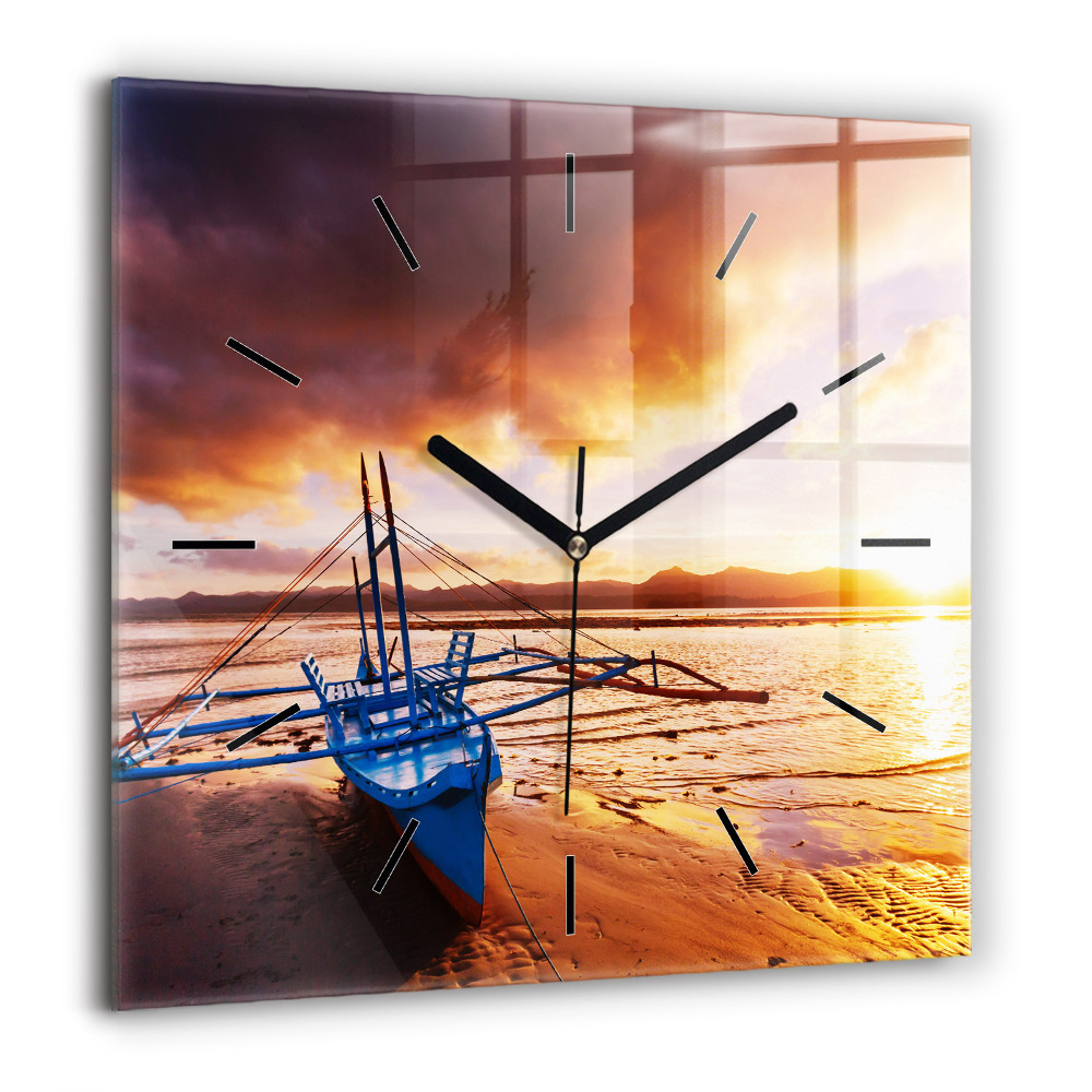 Pendule carrée en verre 60x60 cm Bateau et coucher de soleil