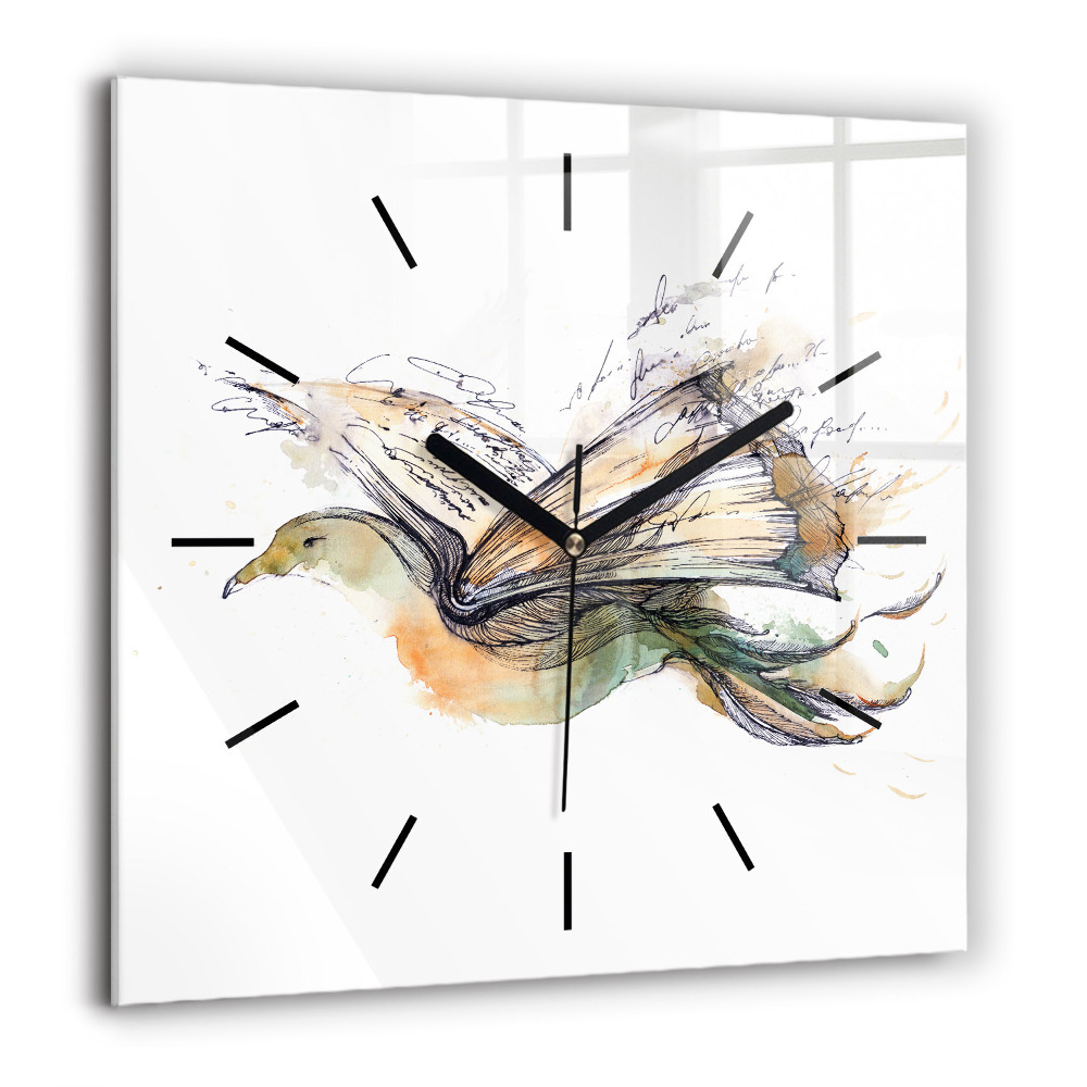 Horloge carrée en verre 60x60 cm Oiseau et livre
