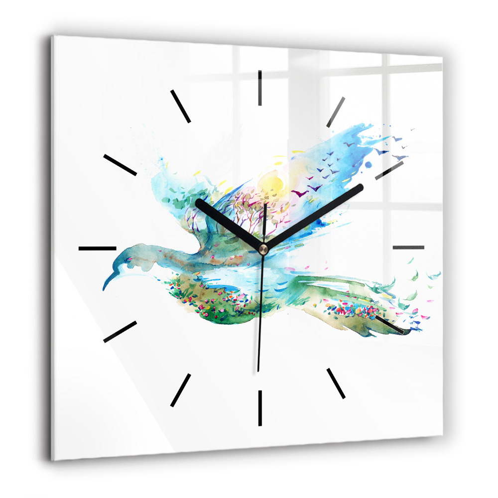 Pendule carrée en verre 60x60 cm Abstraction d'un oiseau et d'un printemps