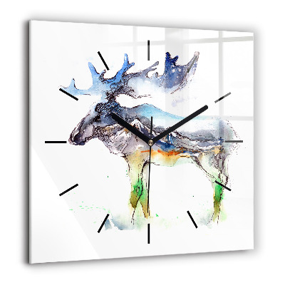Horloge murale carrée 60x60 cm Orignal et paysage de montagne