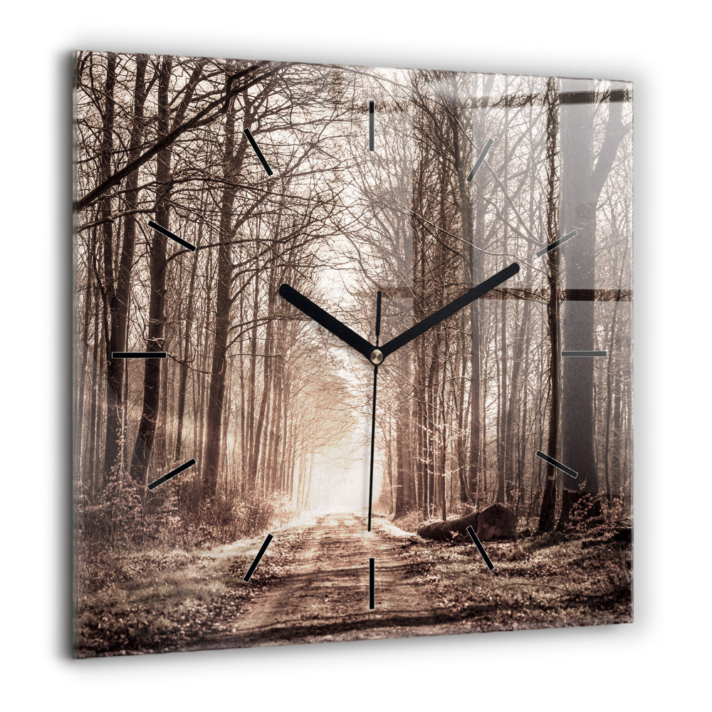 Horloge murale carrée 60x60 cm Sentier forestier en sépia