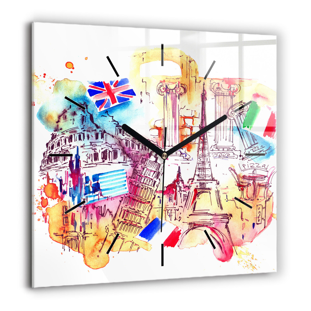 Horloge carrée en verre 60x60 cm Pays attrayants du monde