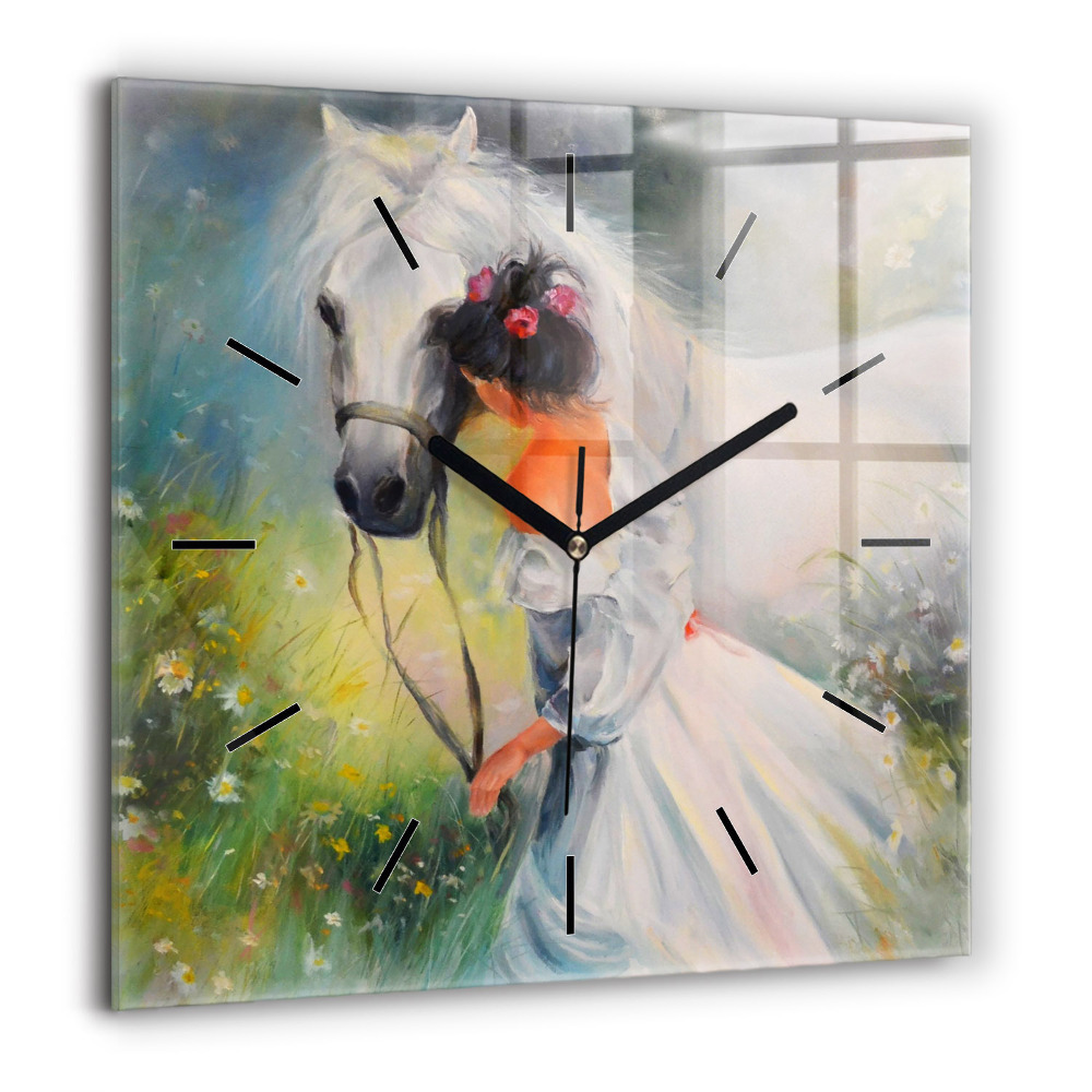 Horloge murale carrée 60x60 cm Belle femme avec cheval