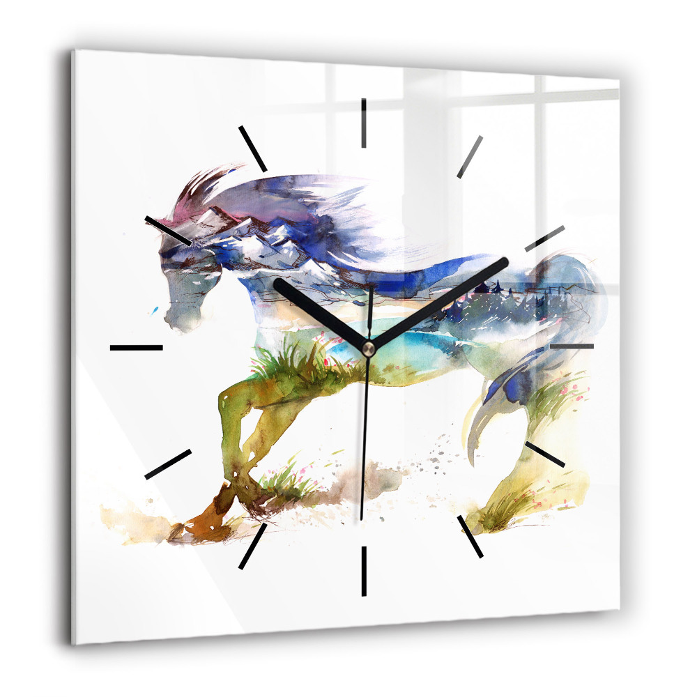 Horloge carrée en verre 60x60 cm Montagne peinte et cheval