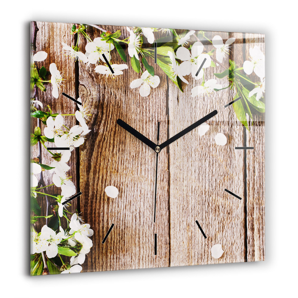 Horloge carrée en verre 60x60 cm Fleurs sur bois