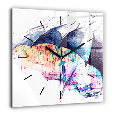 Horloge murale carrée 60x60 cm Parapluie et ville