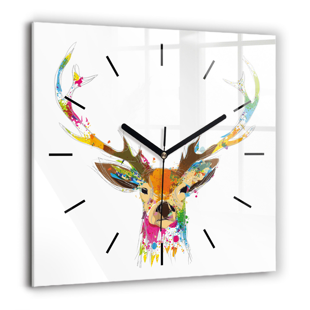 Horloge carrée en verre 60x60 cm Tête de cerf colorée
