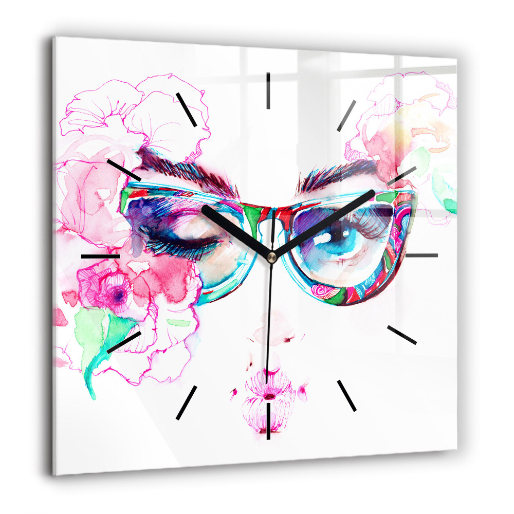 Horloge murale carrée 60x60 cm Femme avec des lunettes