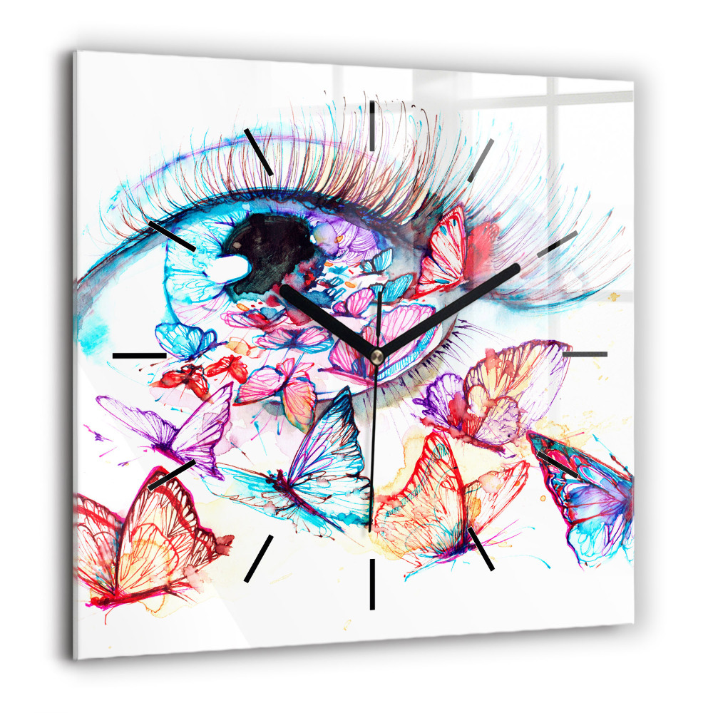 Horloge murale carrée 60x60 cm Oeil de papillon coloré