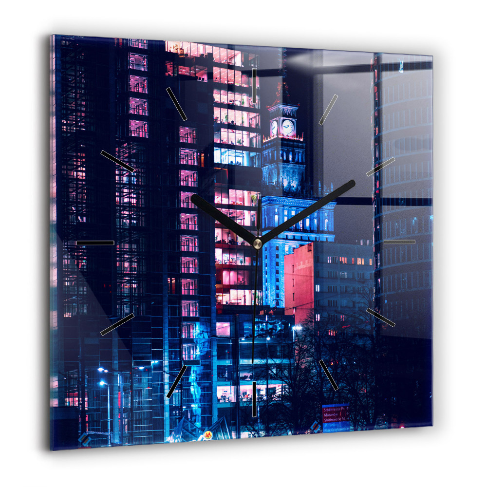 Horloge carrée en verre 60x60 cm Varsovie la nuit