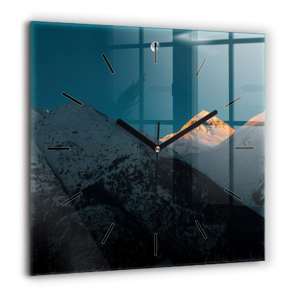 Pendule carrée en verre 60x60 cm Coucher de soleil dans les montagnes