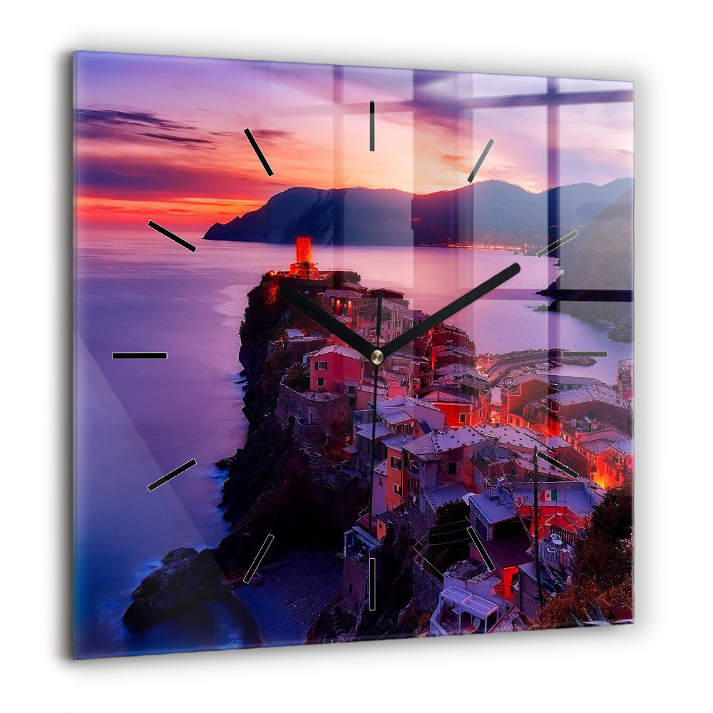 Horloge carrée en verre 60x60 cm Maisons près du lac