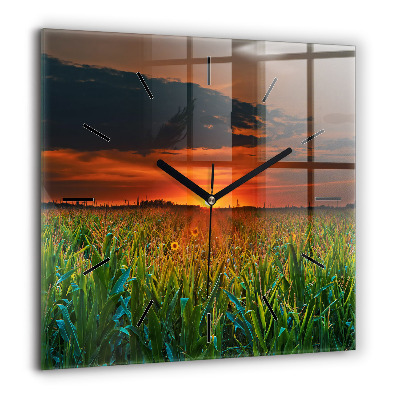 Pendule carrée en verre 60x60 cm Tournesols dans une prairie