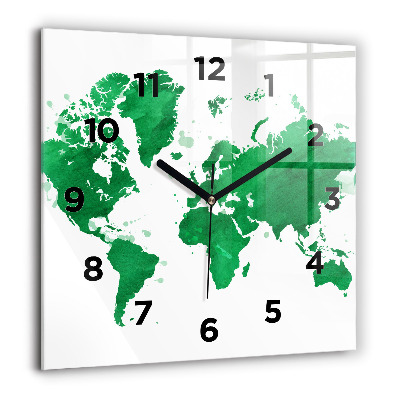 Horloge murale carrée 60x60 cm Carte du monde verte