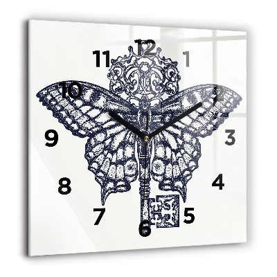 Pendule carrée en verre 60x60 cm Papillon et clé - style boho