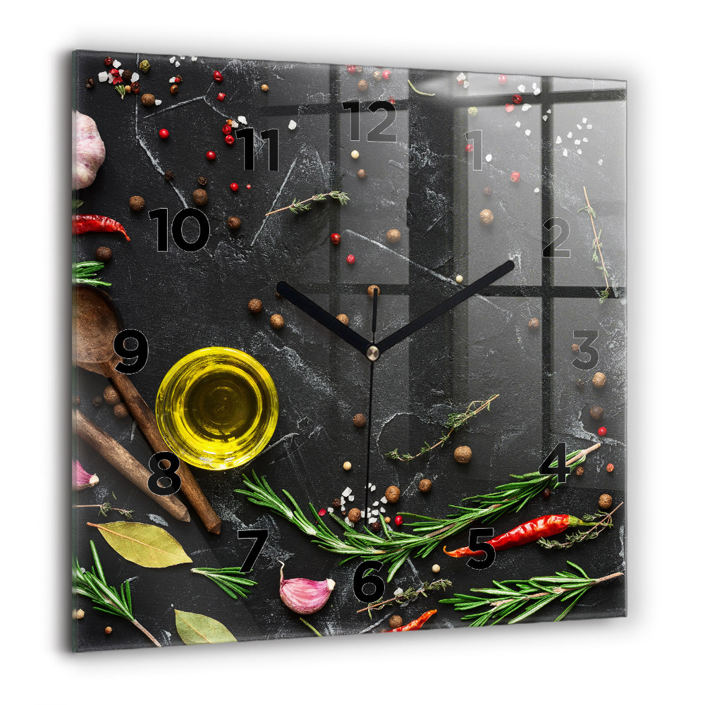 Pendule carrée en verre 60x60 cm Épices sur le comptoir