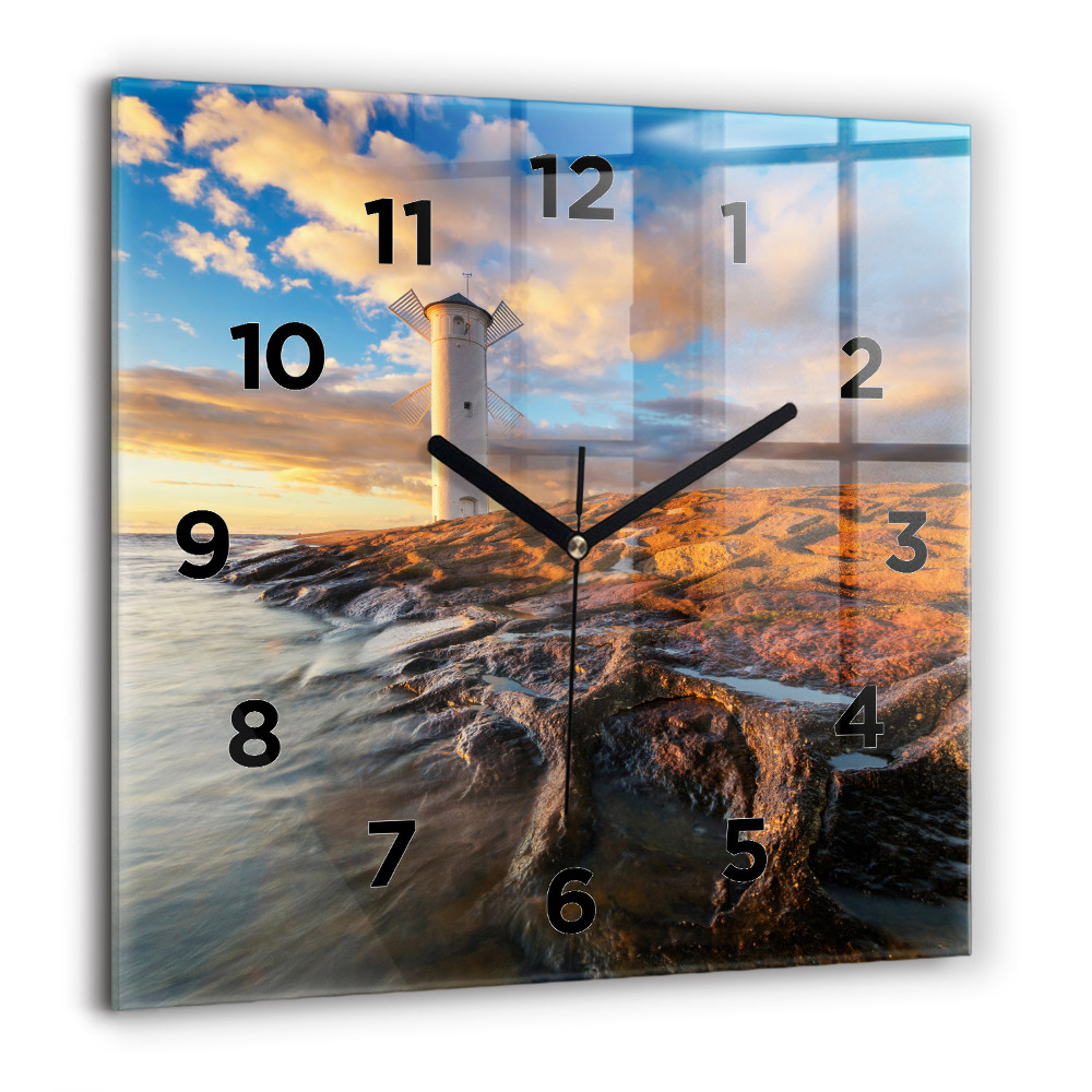 Horloge murale carrée 60x60 cm Phare et mer Baltique
