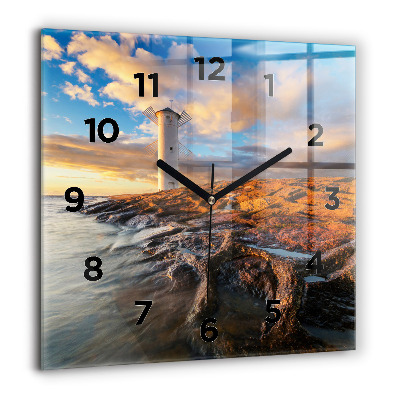 Horloge murale carrée 60x60 cm Phare et mer Baltique