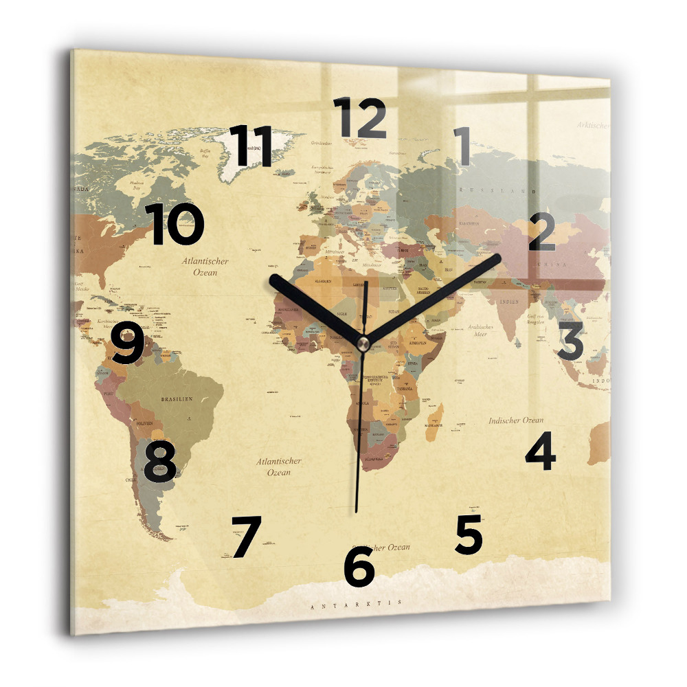 Pendule carrée en verre 60x60 cm Carte du monde style vintage
