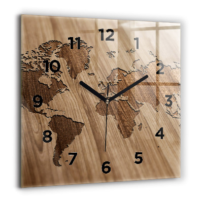 Horloge carrée en verre 60x60 cm Carte du monde sur bois