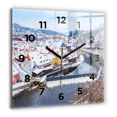 Horloge carrée en verre 60x60 cm Panorama de la ville en hiver