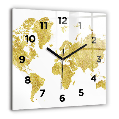 Horloge carrée en verre 60x60 cm Carte du monde en or