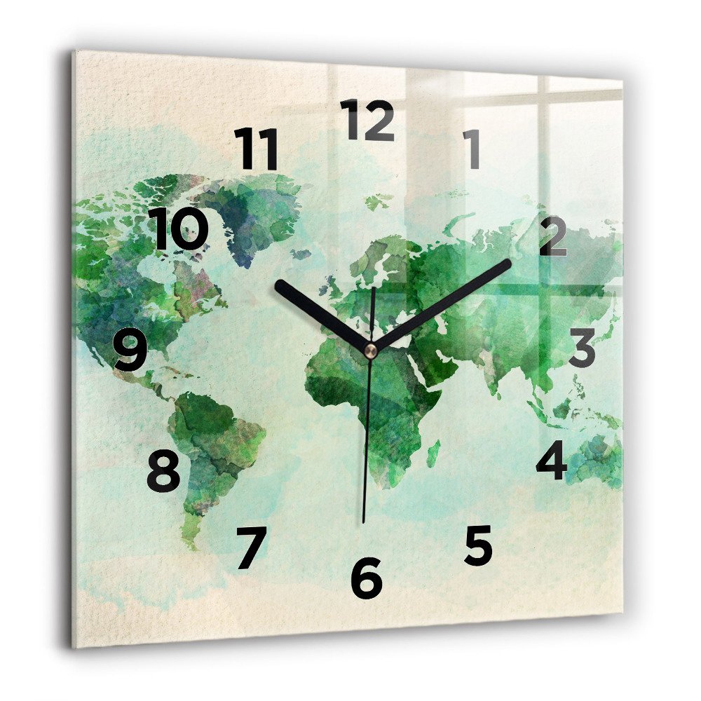 Horloge carrée en verre 60x60 cm Aquarelle carte du monde
