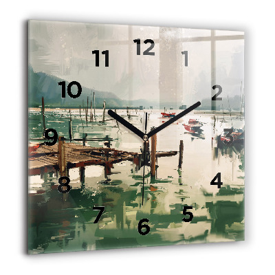 Pendule carrée en verre 60x60 cm Bateaux de pêche dans le port