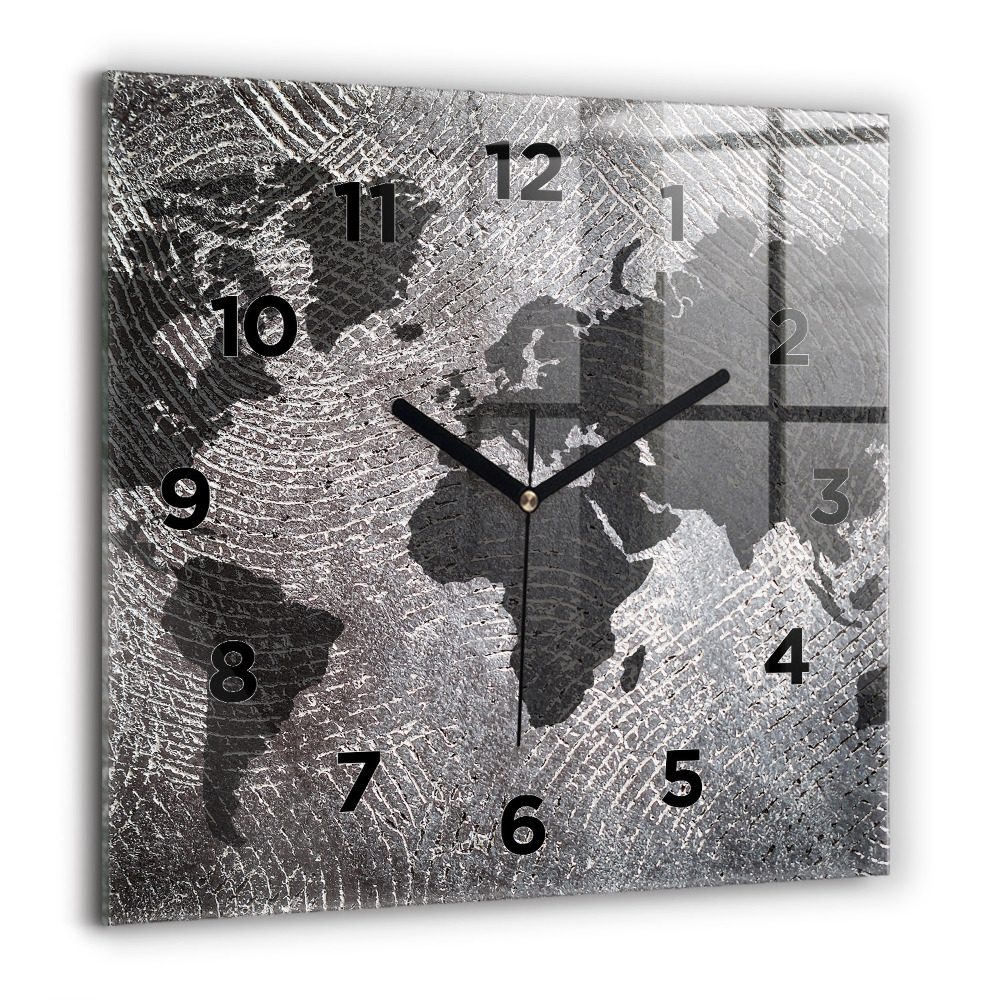 Horloge carrée en verre 60x60 cm Carte du monde en béton