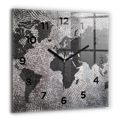 Horloge carrée en verre 60x60 cm Carte du monde en béton