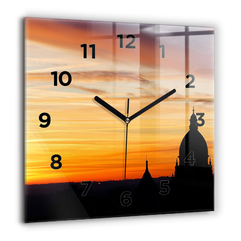 Horloge carrée en verre 60x60 cm Bâtiment et coucher de soleil