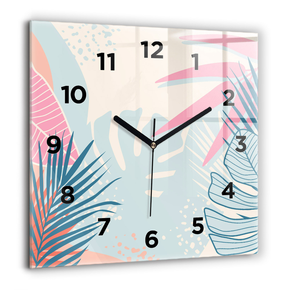 Horloge carrée en verre 60x60 cm Feuilles pastel - tropiques