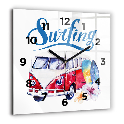 Pendule carrée en verre 60x60 cm Voiture et panneau Surf
