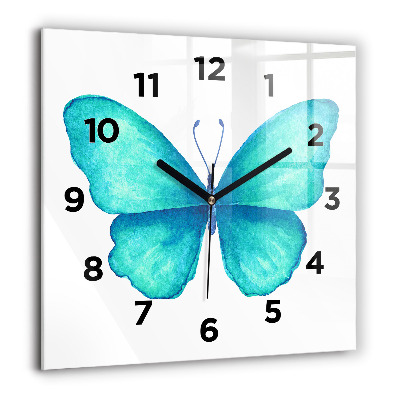 Horloge carrée en verre 60x60 cm Papillon d'été turquoise