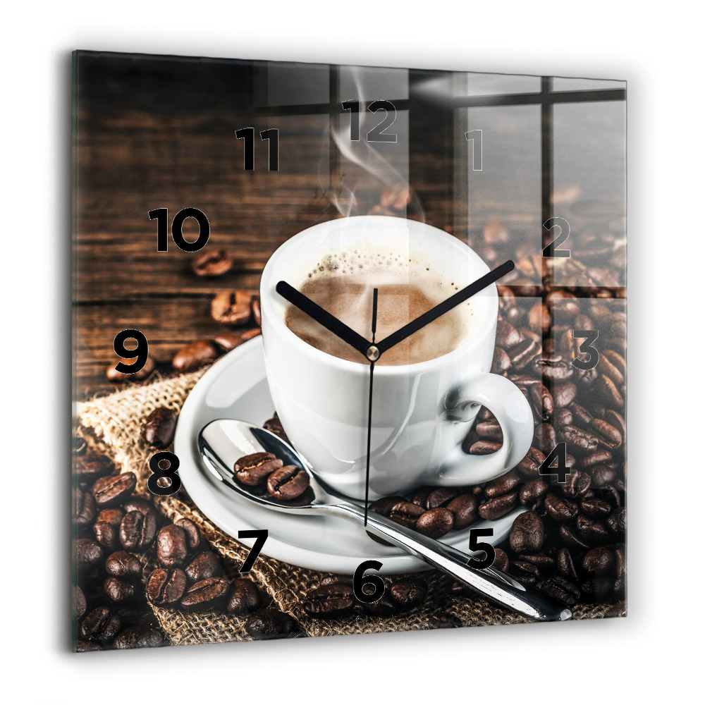 Horloge carrée en verre 60x60 cm Tasse et grains de café