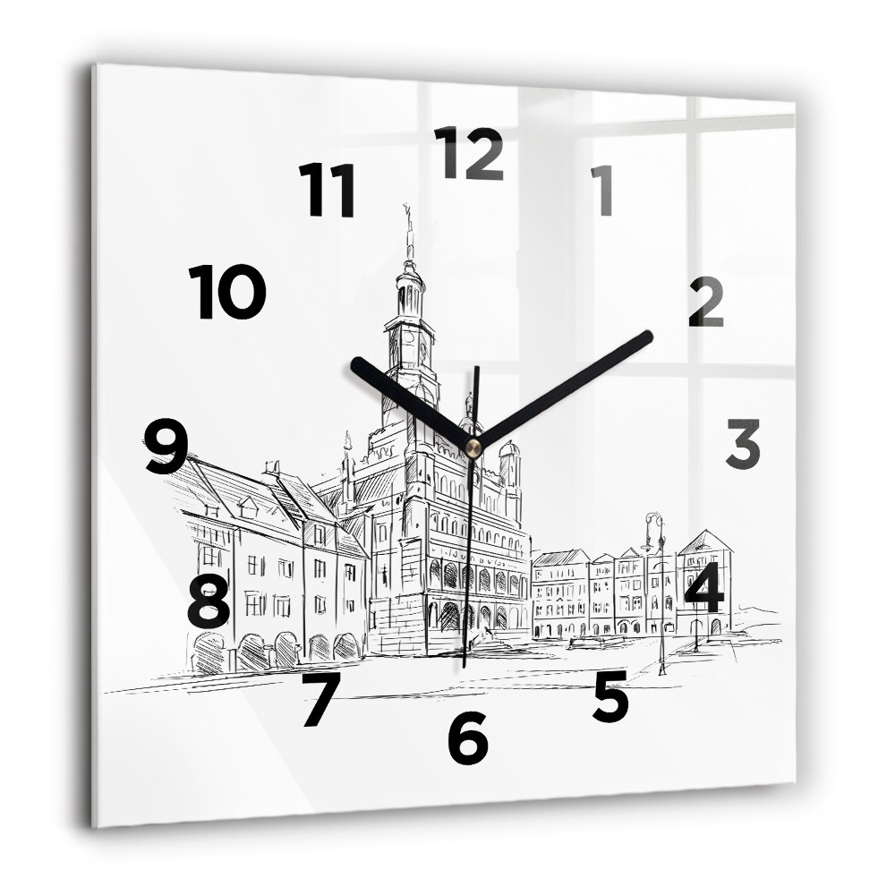 Horloge murale carrée 60x60 cm Croquis de la vieille ville de Poznań
