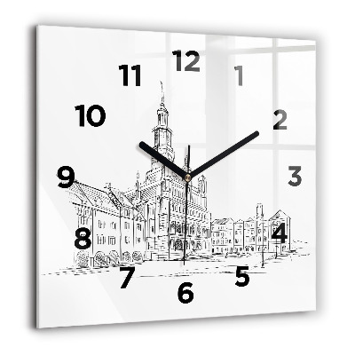 Horloge murale carrée 60x60 cm Croquis de la vieille ville de Poznań