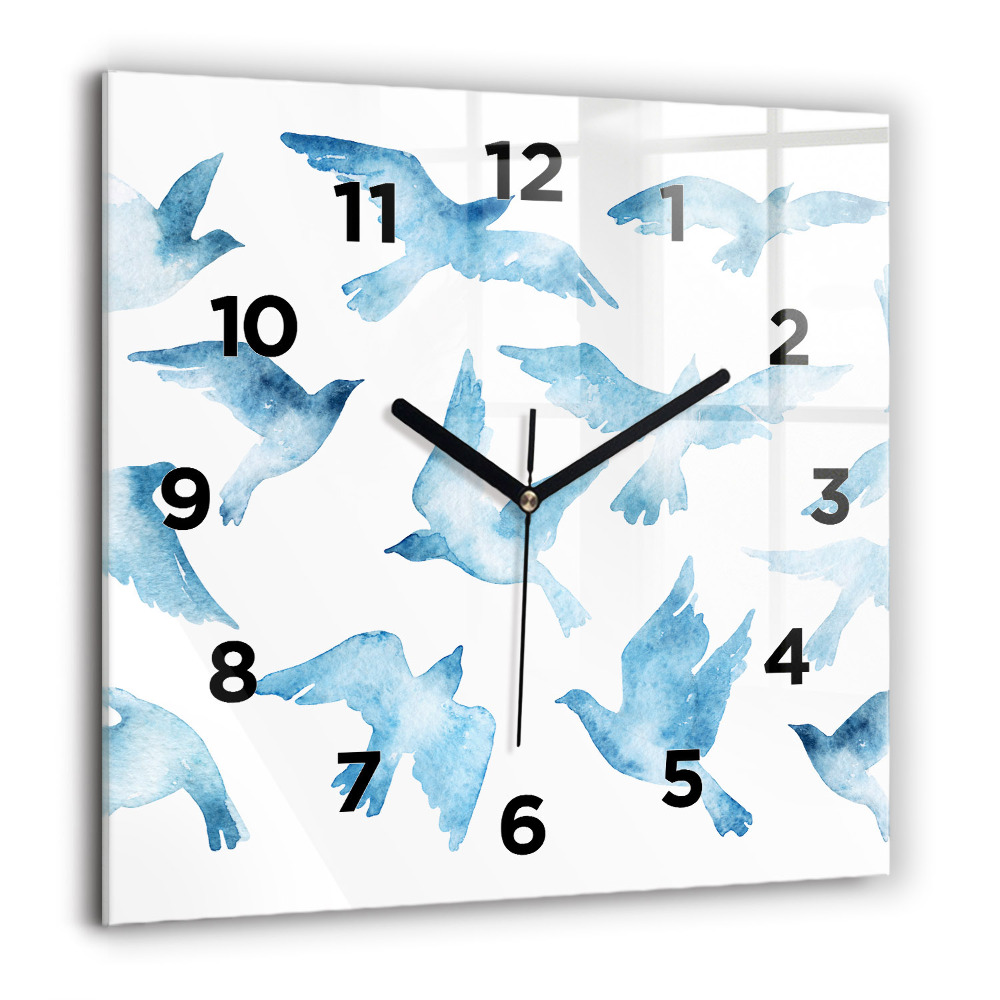 Horloge carrée en verre 60x60 cm Oiseaux bleus en vol