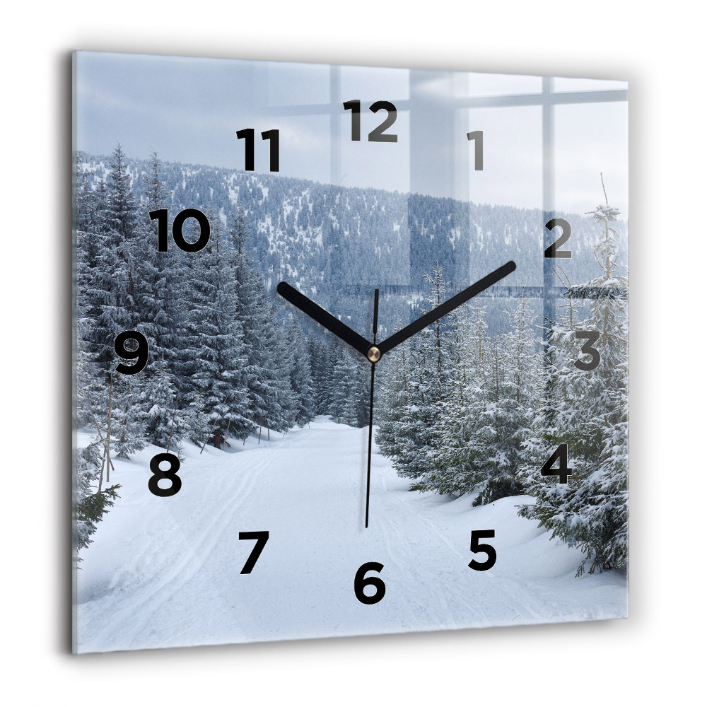 Horloge carrée en verre 60x60 cm Montagnes géantes de Bohême en hiver