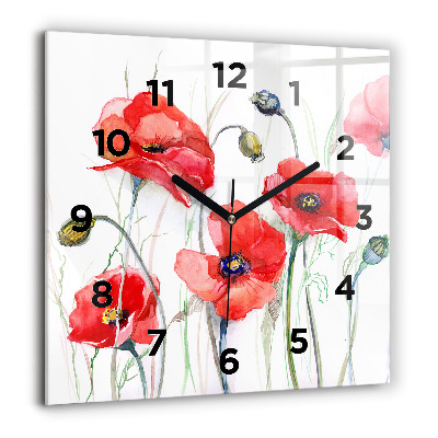 Pendule carrée en verre 60x60 cm Coquelicots rouges peints