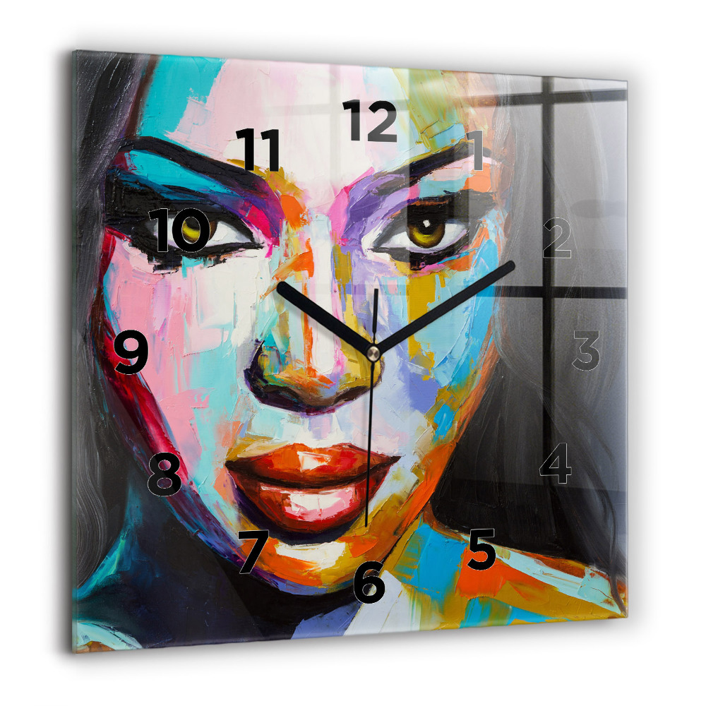 Horloge carrée en verre 60x60 cm Visage coloré d'une femme