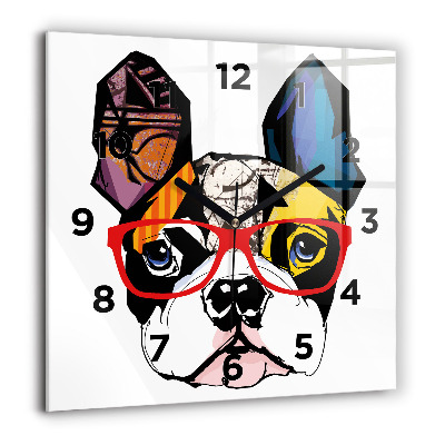 Horloge carrée en verre 60x60 cm Bouledogue français à lunettes