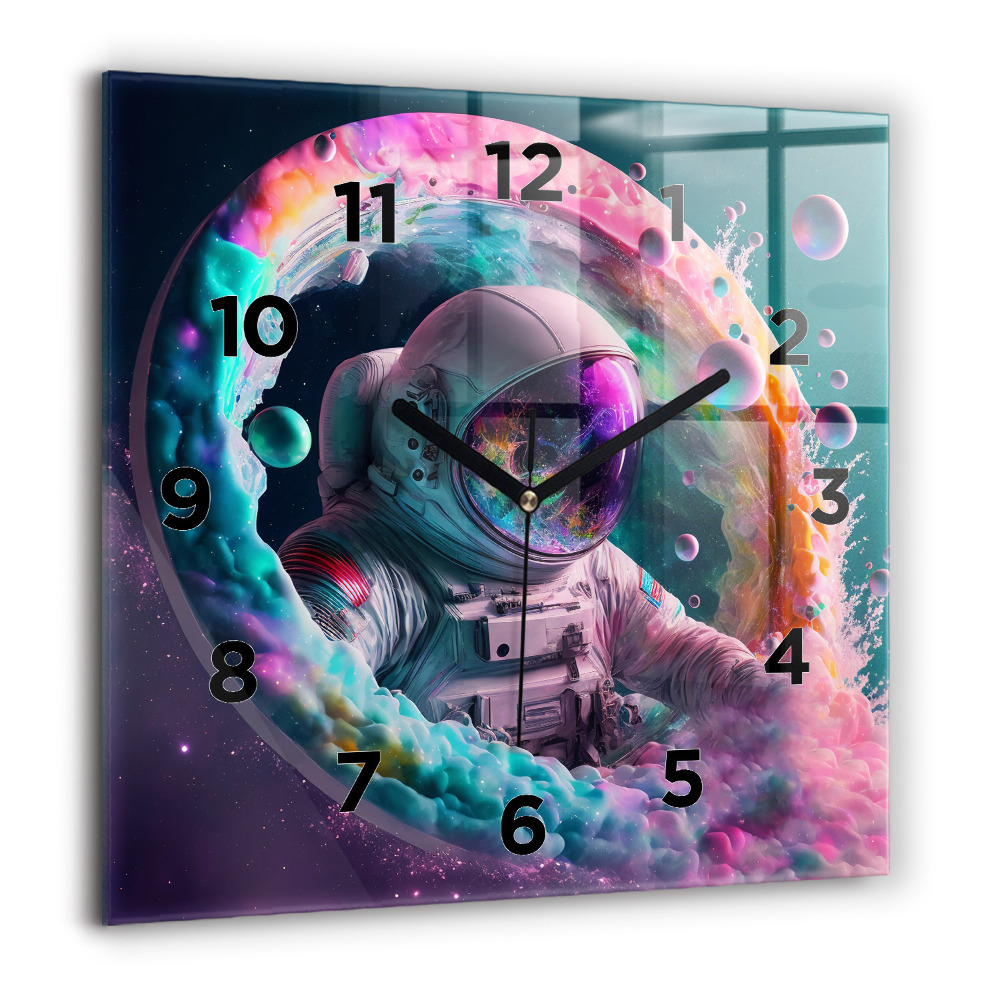 Horloge carrée en verre 60x60 cm Cosmonaute et nuages colorés
