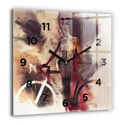 Pendule carrée en verre 60x60 cm Femme et vélo