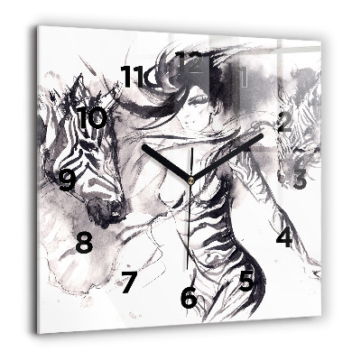 Horloge carrée en verre 60x60 cm Femme et zèbres