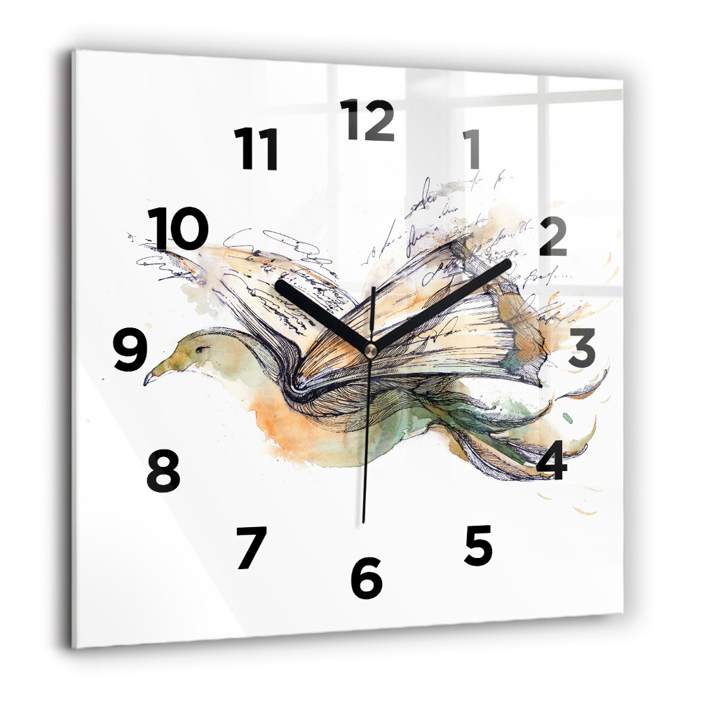 Horloge carrée en verre 60x60 cm Oiseau et livre