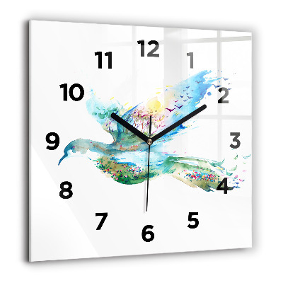 Pendule carrée en verre 60x60 cm Abstraction d'un oiseau et d'un printemps