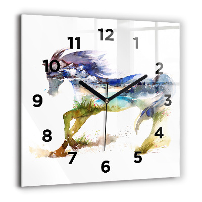 Horloge carrée en verre 60x60 cm Montagne peinte et cheval